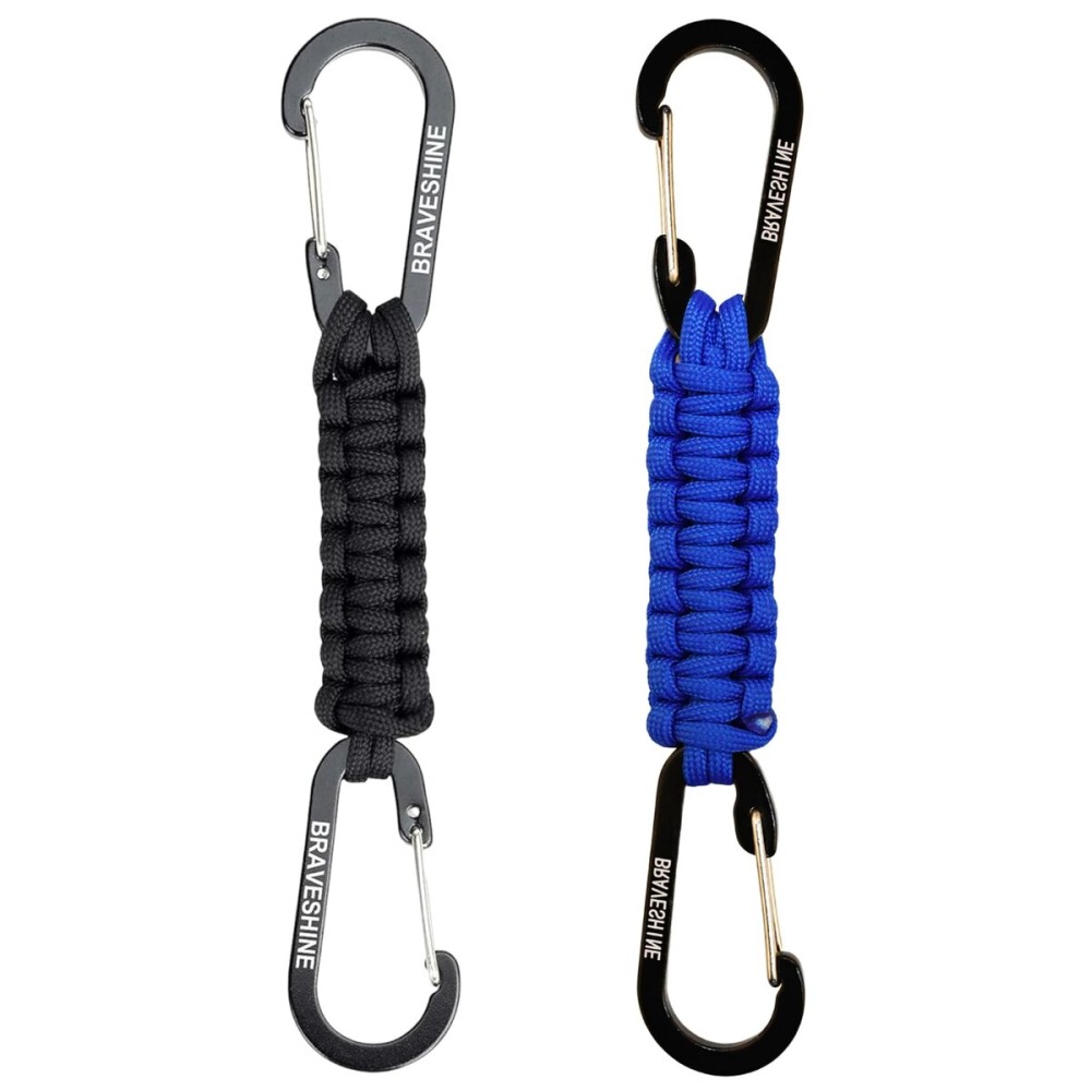 BRAVESHINE Carabiner Keychain Hook with Paracord Strap - 1 Black 1 Blue D Ring Key Clips Para Cord Lanyard Hanger Stroller Hooks for Water Bottle, Belt Loop Keys, Backpacks, Boys, Girls, Men, Women