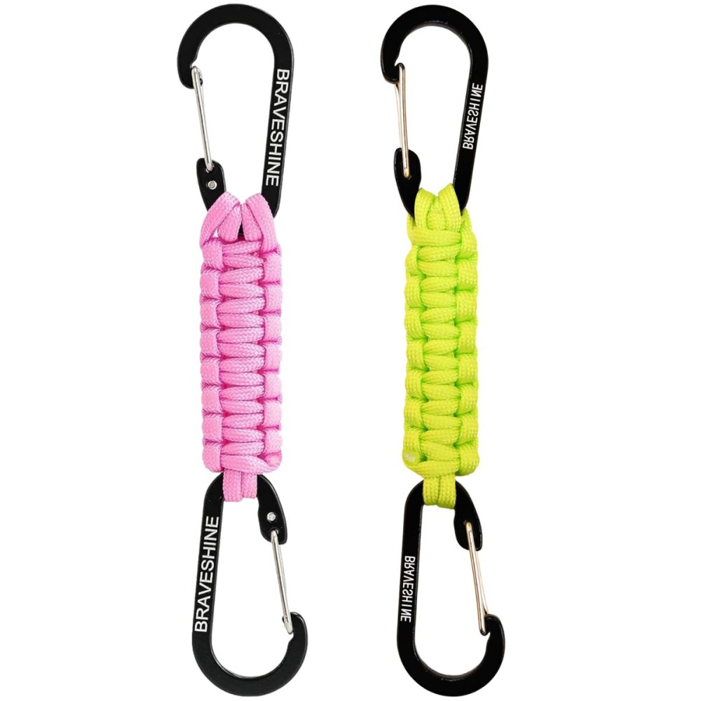 BRAVESHINE Carabiner Keychain Hook with Paracord Strap - 1 Pink 1 Green D Ring Key Clips Para Cord Lanyard Hanger Stroller Hooks for Water Bottle, Belt Loop Keys, Backpacks, Boys, Girls, Men, Women