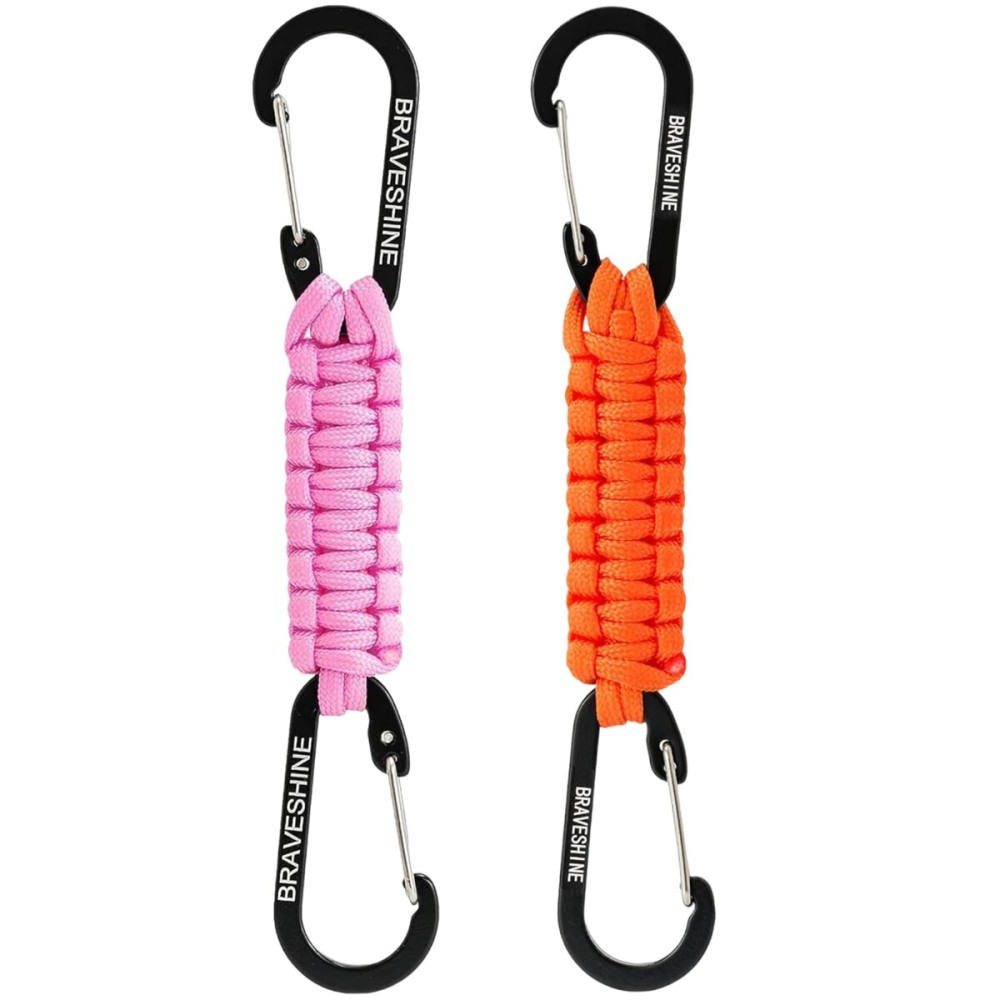 BRAVESHINE Carabiner Keychain Hook with Paracord Strap - 1 Pink 1 Orange D Ring Key Clips Para Cord Lanyard Hanger Stroller Hooks for Water Bottle, Belt Loop Keys, Backpacks, Boys, Girls, Men, Women