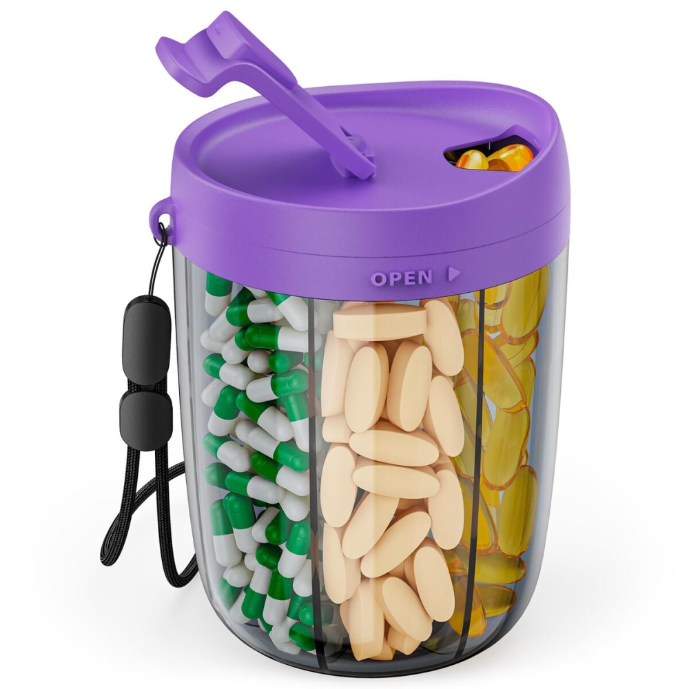 PULIV Large Supplement Organizer Bottle, Holds Plenty of 6 Various Vitamins in 1 Pill Dispenser with Anti-Mixing & Wide Openings Design, Easy to Retrieve Meds, Includes 20 Pcs Labels Dark Purple