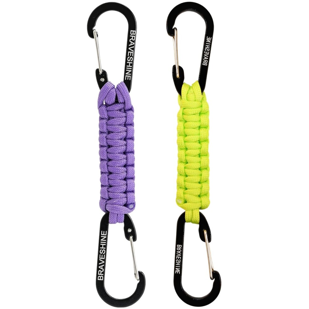 BRAVESHINE Carabiner Keychain Hook with Paracord Strap - 1 Purple 1 Green D Ring Key Clips Para Cord Lanyard Hanger Stroller Hooks for Water Bottle, Belt Loop Keys, Backpacks, Boys, Girls, Men, Women