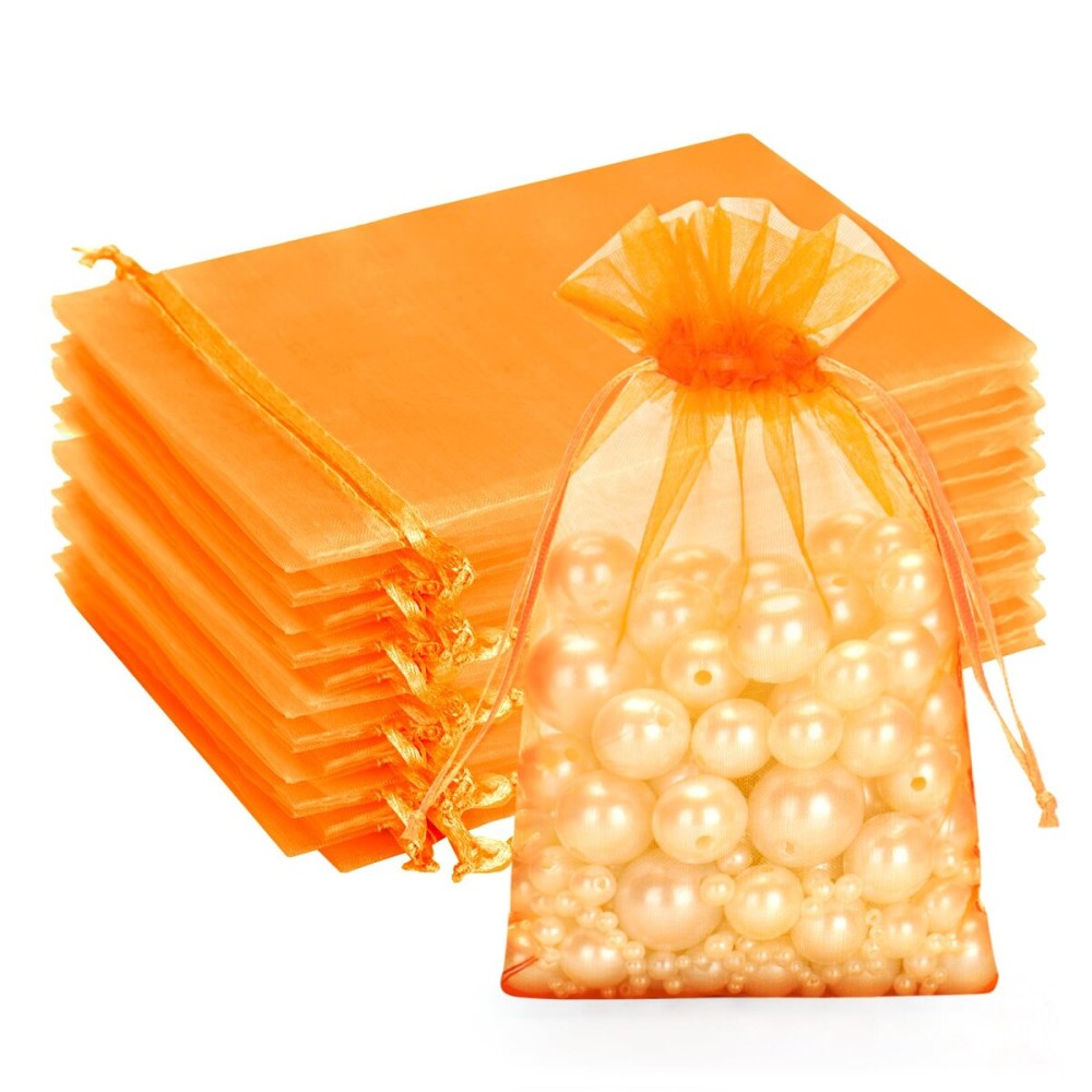 G2PLUS Orange Organza Bags 4x6 In - 100PCS Drawstring Organza Bags, Sheer Mesh Jewelry Pouches, Halloween Goodie Candy Treat Bag for Christmas, Thanksgiving, Wedding Party Favors