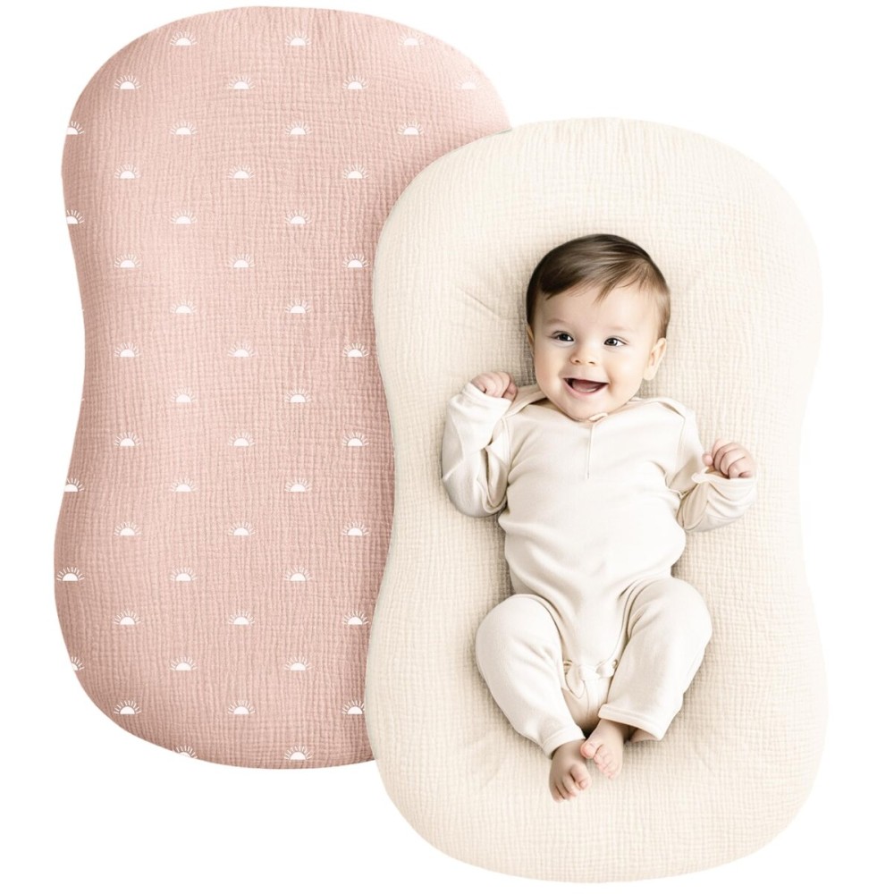 Konssy Muslin Baby Lounger Cover 2 Pack, 100% Cotton Newborn Lounger Cover, Soft and Breathable Lounger Slipcover for Boys Girls, Covers Only (Oat,Pink Sun)