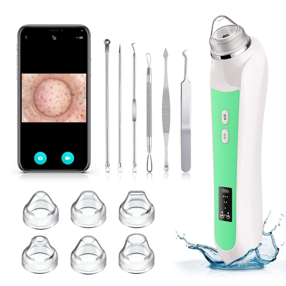Facial Pore Blackhead Remover Vacuum, 1080P Camera Blackhead Remover, 20x Zoom, 8 LEDs  3 Suction Modes, 800mAh Battery & USB - 6 Heads Pore Cleaner Kit for Women&Men(Green)