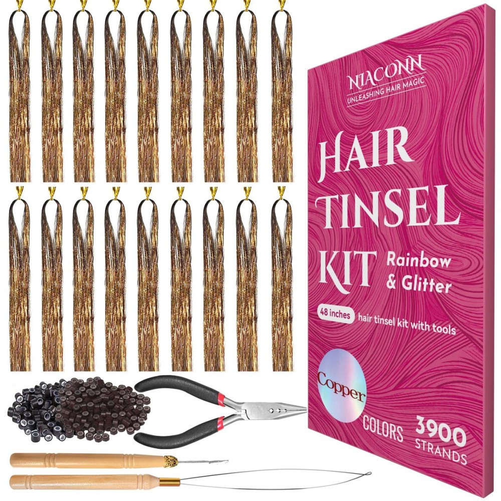 NIACONN Glitter Hair Tinsel Extensions Kit Copper with Tools and Beads, 48 Inch Sparkly Fairy Colorful Tensile Strands Shiny Hair Accessories for Women Girls Kids