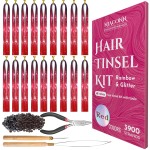 NIACONN Glitter Hair Tinsel Extensions Kit Red with Tools and Beads, 48 Inch Sparkly Fairy Colorful Tensile Strands Shiny Hair Accessories for Women Girls Kids