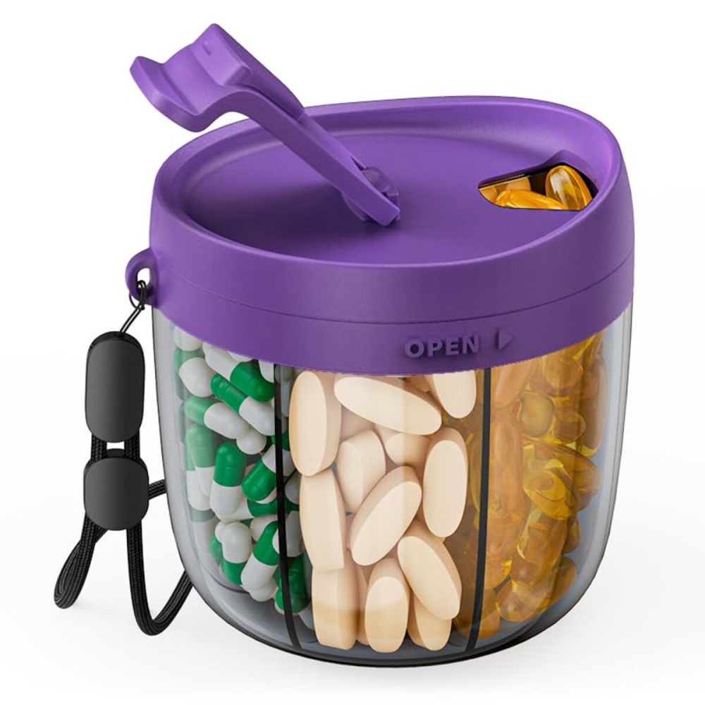 PULIV Portable Pill Dispenser Bottle, Vitamin Organizer with 7 Compartments, Holds Plenty of Supplements with Anti-Mixing & Wide Openings Design, Easy to Retrieve Meds, Includes 20 Labels Dark Purple