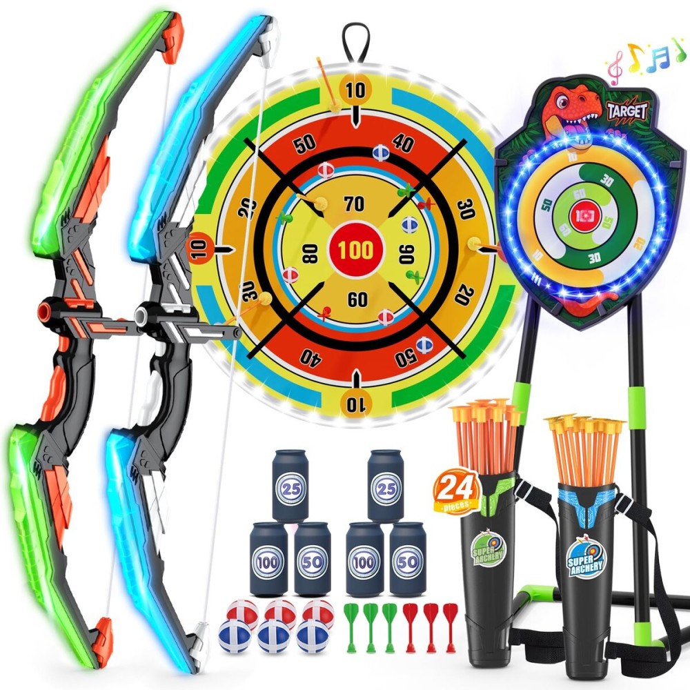HYES 2 Pack Kids Bow and Arrow with 29 Large Dart Board, LED Light Up Archery Set with 24 Suction Cup Arrows, Indoor Outdoor Sport Dinosaur Toys Gifts for 3 4 5 6 7 8 9 10 11 12 Year Old Boys Girls