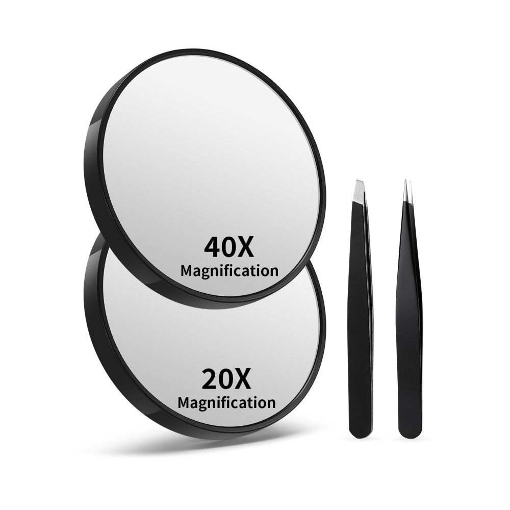 Macaki 20X&40X Magnifying Mirrors with Suction Cups and 2 Tweezers Set3.5 inches Magnified Makeup Mirror, Black, 2PCS