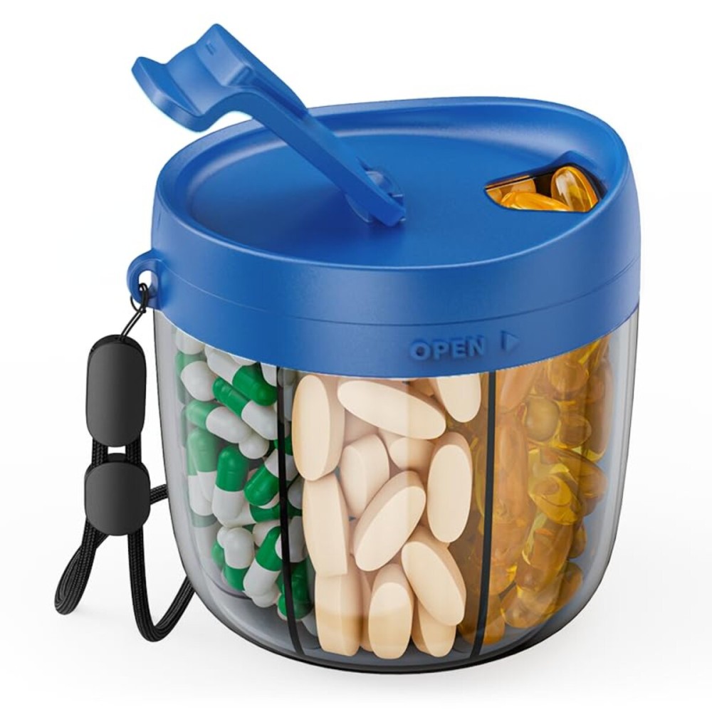 PULIV Portable Pill Dispenser Bottle, Vitamin Organizer with 7 Compartments, Holds Plenty of Supplements with Anti-Mixing & Wide Openings Design, Easy to Retrieve Meds, Includes 20 Labels Royal Blue