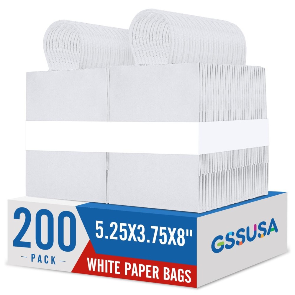 GSSUSA 200 Pack 5.25x3.75x8 Inch Small Paper Gift Bags with Handles Bulk, White Kraft Bag for Small Business, Sturdy Grocery Retail Shopping Birthday Wedding Party Favor Craft Bag