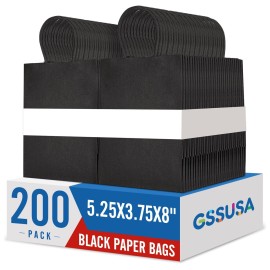 GSSUSA 200 Pack Black Paper Gift Bags 5.25x3.75x8\'\', Black Kraft Bags with Handles Bulk for Shopping, Craft, Grocery, Party, Retail, Lunch, Business, Wedding, Merchandise, Boutique
