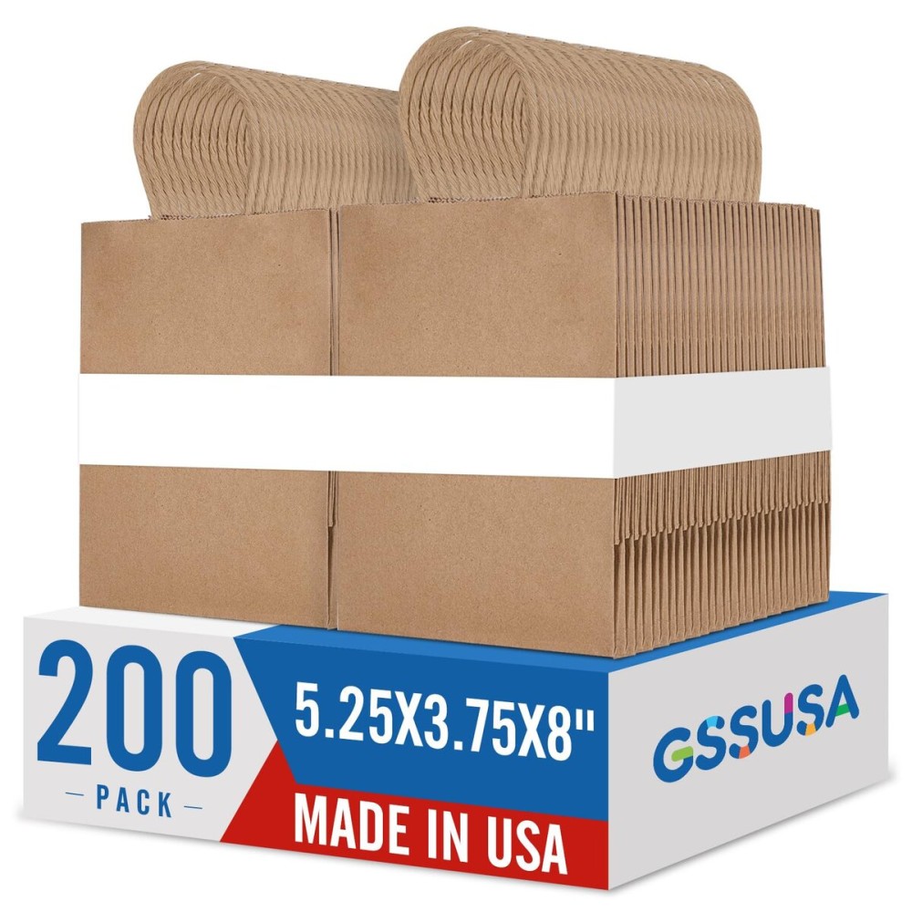 GSSUSA 200 Pack Brown Paper Bags 5.25x3.75x8 Inch Small Gift Bags with Handles Bulk, Brown Kraft Bag for Small Business, Sturdy Grocery Retail Shopping Birthday Party Favor Craft Bag