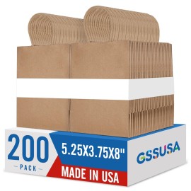 GSSUSA 200 Pack Brown Paper Bags 5.25x3.75x8 Inch Small Gift Bags with Handles Bulk, Brown Kraft Bag for Small Business, Sturdy Grocery Retail Shopping Birthday Party Favor Craft Bag