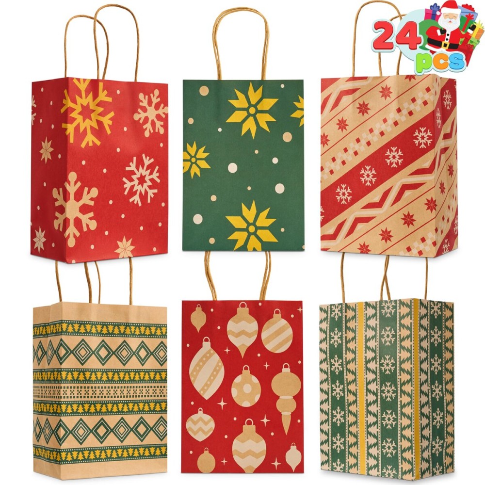 JOYIN 24 PCS Christmas Kraft Bags Holiday Paper Goody Gift Bags with Handles for Xmas Gifts Wrapping Party, Giant Gifts Decorations, Classrooms and Party Favors (Red+Green, 8.27 x 5.91 x 3.15)