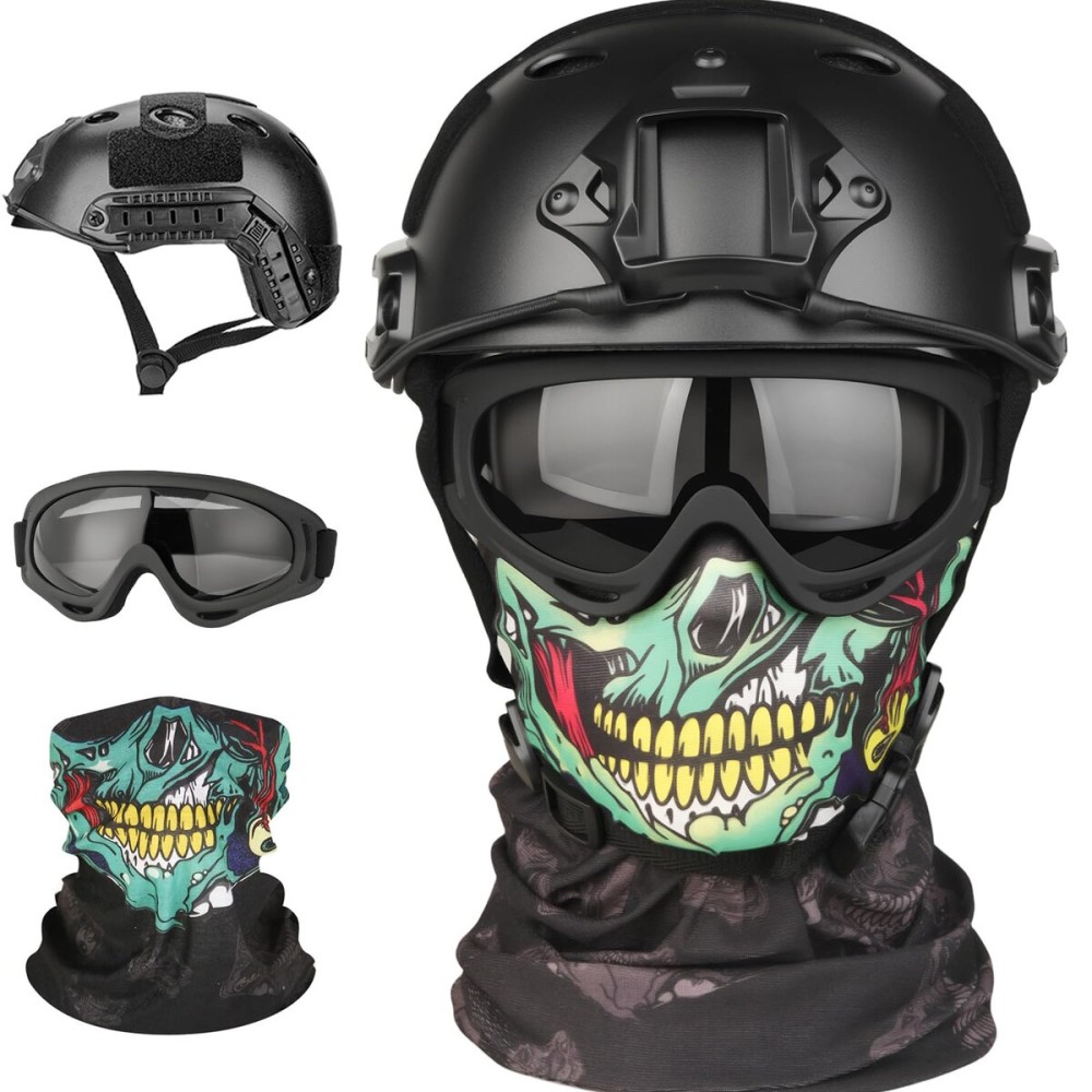 VPZENAR Airsoft Helmet,Black Tactical Helmet with NVG Mount,Green Skull Face Mask, Anti Fog Googles,Airsoft Tactical Gear,Men\'s Cosplay Halloween Costume