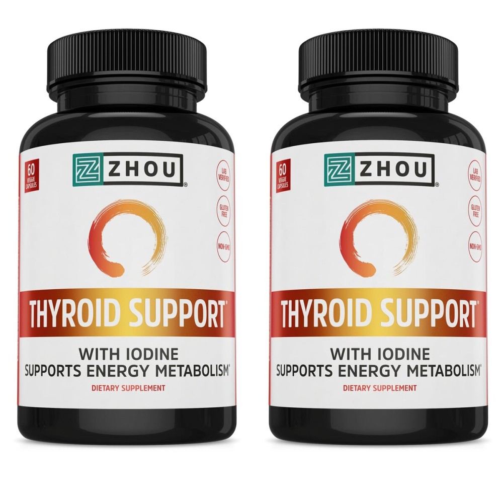 ZHOU Thyroid Support - Thyroid Supplement for Women & Men with Zinc, Iodine, & Selenium, Cellular Energy Thyroid Complex with Ashwagandha, Kelp - 60 Veggie Capsules (Pack of 2)
