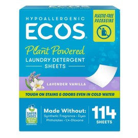 ECOS Laundry Detergent Sheets Vegan, No Plastic Jug, No Mess, Liquid Free - Hypoallergenic, Plant Powered Laundry Detergent Sheet - Lavender Vanilla - 114 Count (Pack of 1)