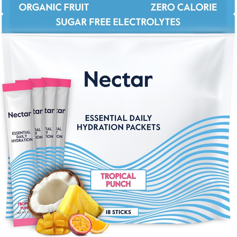 Nectar Hydration Packets - Electrolytes Powder Packets - Sugar Free & 0 Calorie - Organic Fruit Liquid Daily IV for Dehydration Relief & Rapid Rehydration (Tropical Punch 18 Pack)