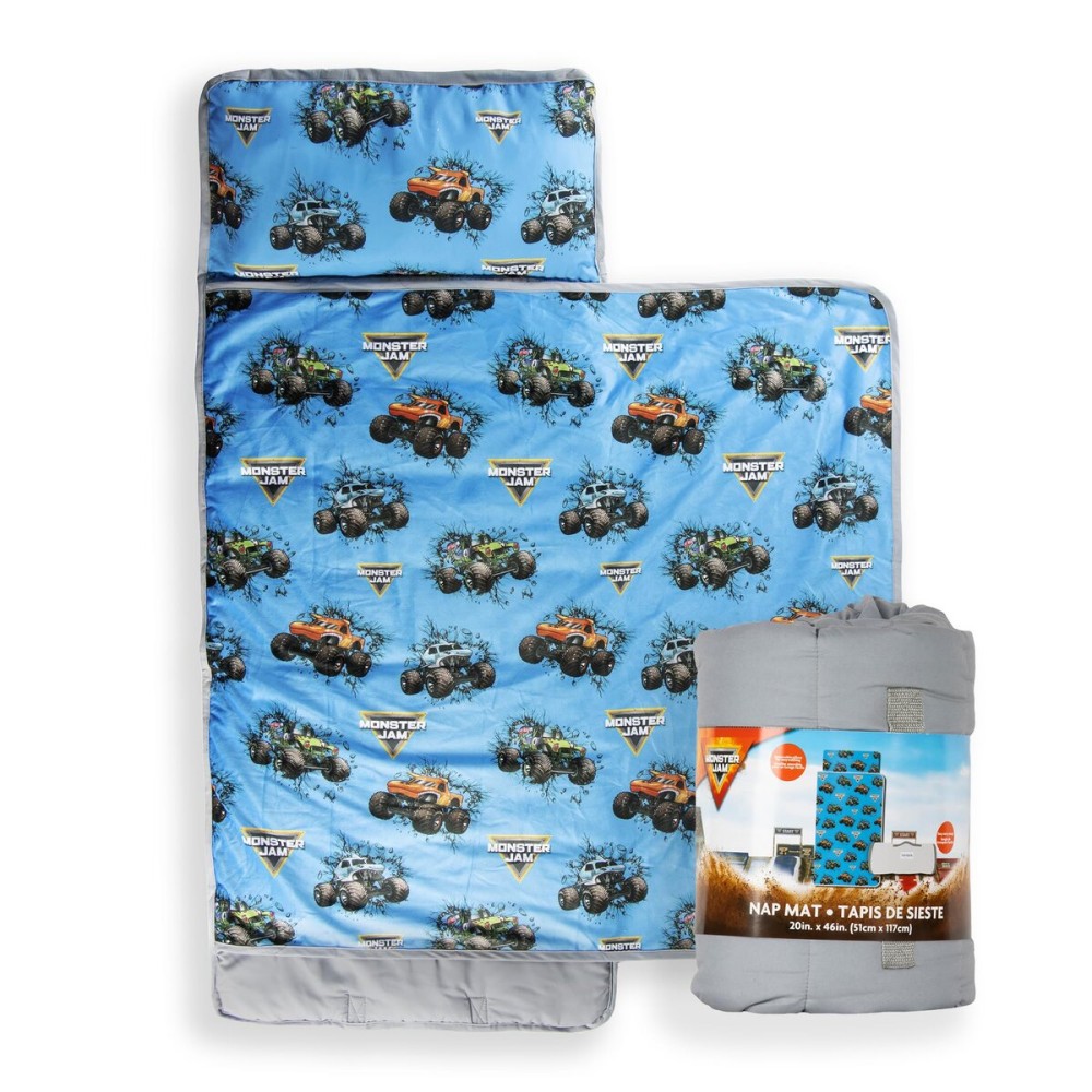Jay Franco Kids Nap Mat Cartoon Embedded Pillow & Blanket - Soft 46x20Microfiber Sleeping Bag with Name Tag & Handle for School, Travel, Sleepover, Blue - Monster Jam