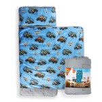 Jay Franco Kids Nap Mat Cartoon Embedded Pillow & Blanket - Soft 46x20Microfiber Sleeping Bag with Name Tag & Handle for School, Travel, Sleepover, Blue - Monster Jam