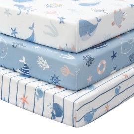 FIEMOL Baby Mini Crib Sheets Boy, Portable 38x26 Pack and Play Sheets Fitted for Playard and Pack N Play Mattress, 3-Pack Soft Microfiber Blue Ocean Whale