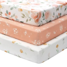 FIEMOL Baby Mini Crib Sheets Girl, Portable 38x26 Pack and Play Sheets Fitted for Playard and Pack N Play Mattress, 3-Pack Soft Microfiber Orange Watercolor Flower