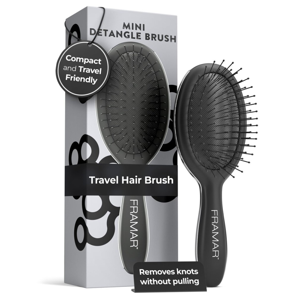 FRAMAR Mini Hair Brush Detangler - Mini Brush For Hair, Small Travel Hair Brush For Women, Travel Hairbrush Detangler, Compact For Travel, Reduces Breakage, For All Hair Types - Matte Black