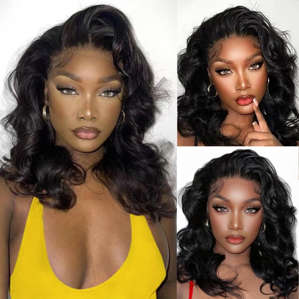 Fongly 13x6 Lace Front Wigs Human Hair Pre Plucked 200% Density 16 Inch Body Wave Lace Front Wigs for Women HD Transparent Glueless Wigs Human Hair Pre Plucked with Baby Hair