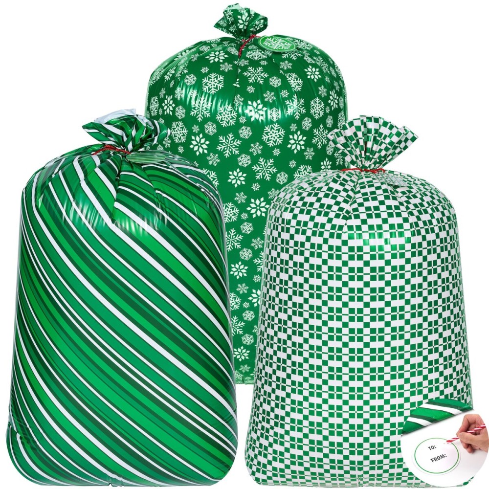 JOYIN 3 Extra Large Christmas Green Plastic Gift Bags 56x36, Xmas Jumbo Oversized Big Santa Bag for Present Wrapping, Holiday Presents, Christmas Huge Gifts Decorations
