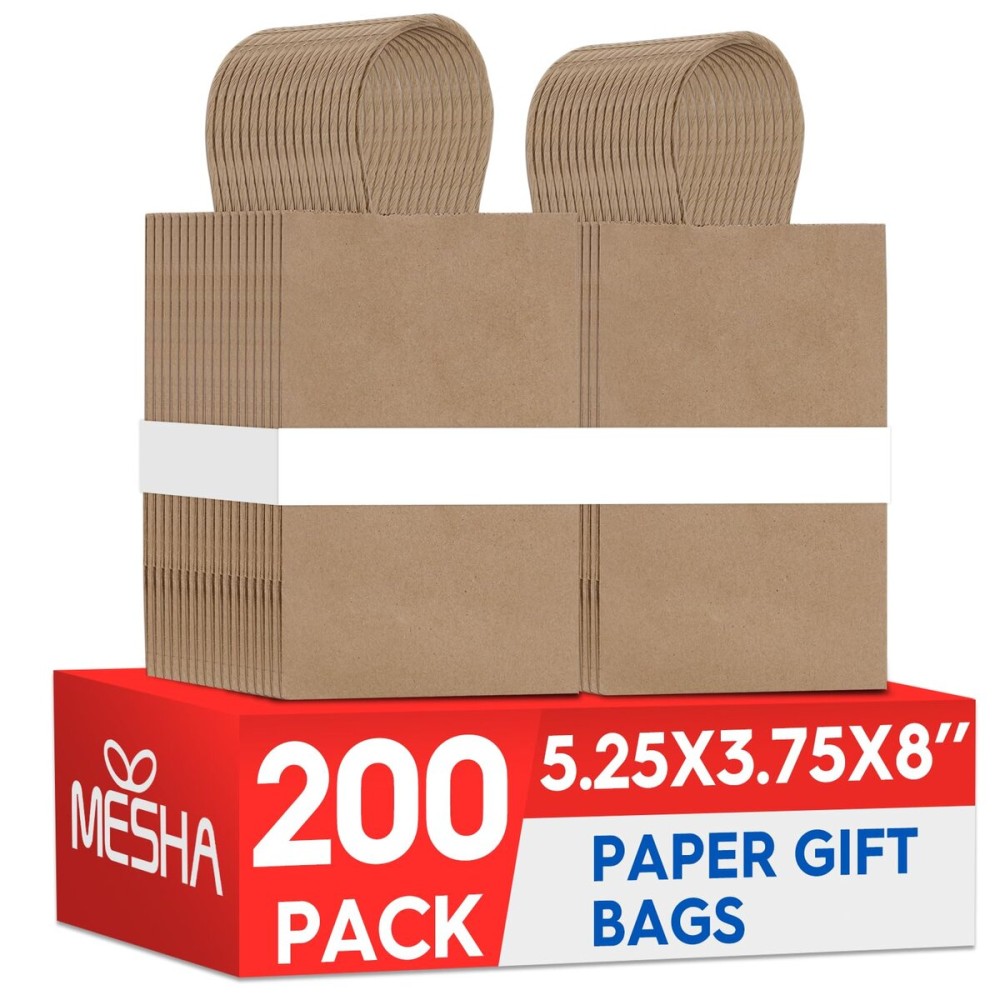 MESHA Kraft Gift Bags 200 Pack 5.25x3.75x8 Inch Small Brown Paper Bags with Handles Bulk for Small Business,Birthday,Party,Wedding,Retial,Shopping Bag (Made in USA)