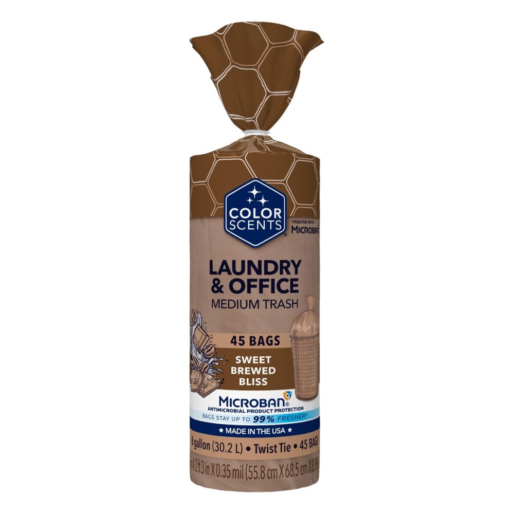 Color Scents Medium Trash Bags - 8 Gallon, 45 Bags (1 Pack of 45 Bags) Twist Tie - Mocha Mousse in Sweet Brewed Bliss Scent with Microban