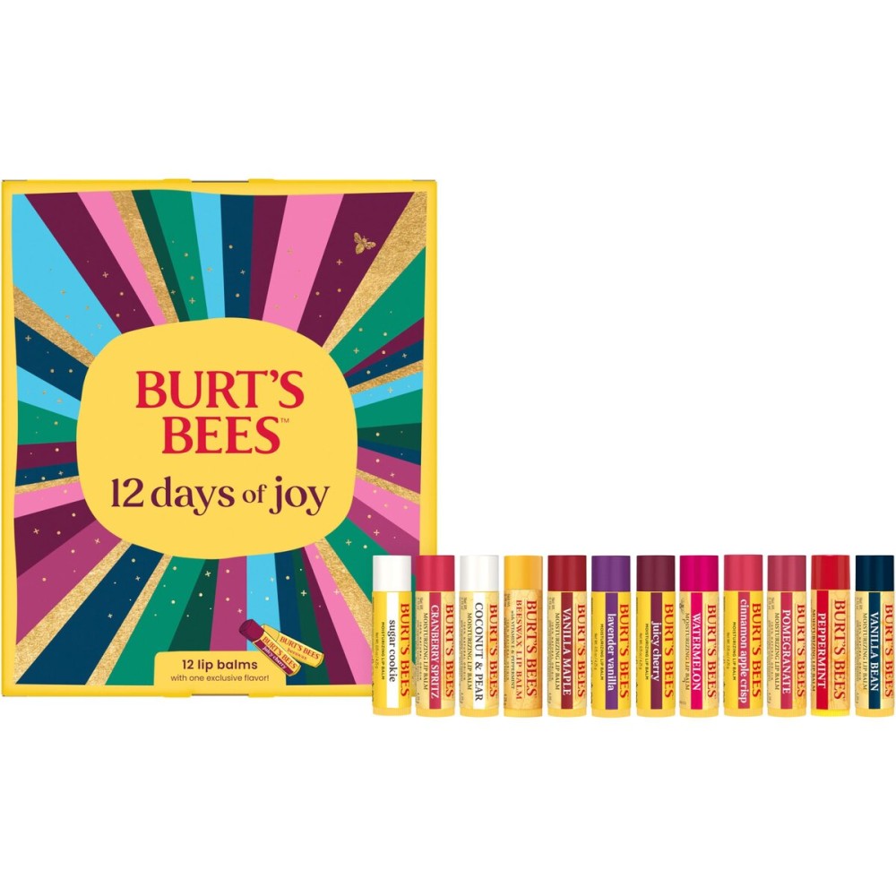 Burt\'s Bees 12 Days of Joy Lip Balm Advent Calendar Gift Set, Flavored Lip Balm Pack Great for Office Holiday Gifts, Tint-Free, Natural Origin Lip Care, 12 Tubes, 0.15 oz.