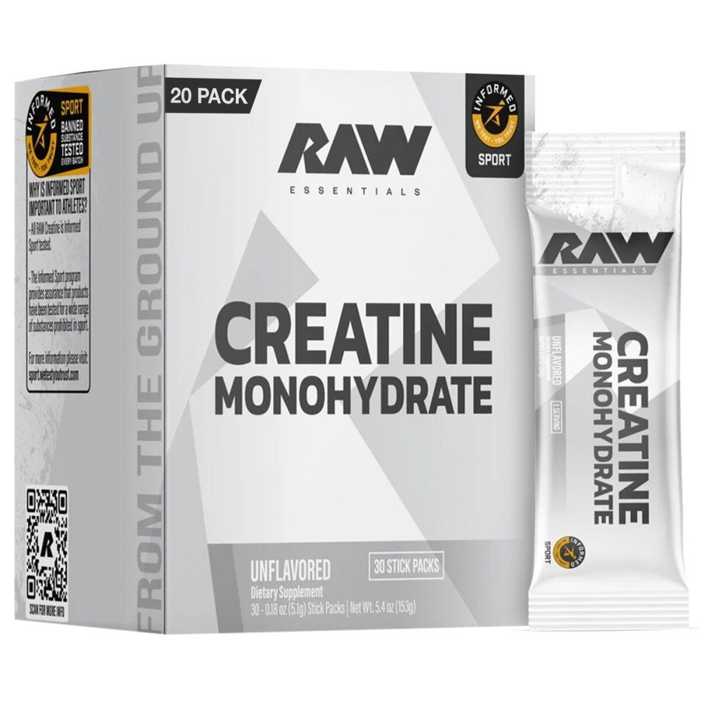 RAW Creatine Monohydrate to-Go Stick Packs, Unflavored - 5g Micronized Creatine Per Serving - Muscle Strength, Power & Recovery Support