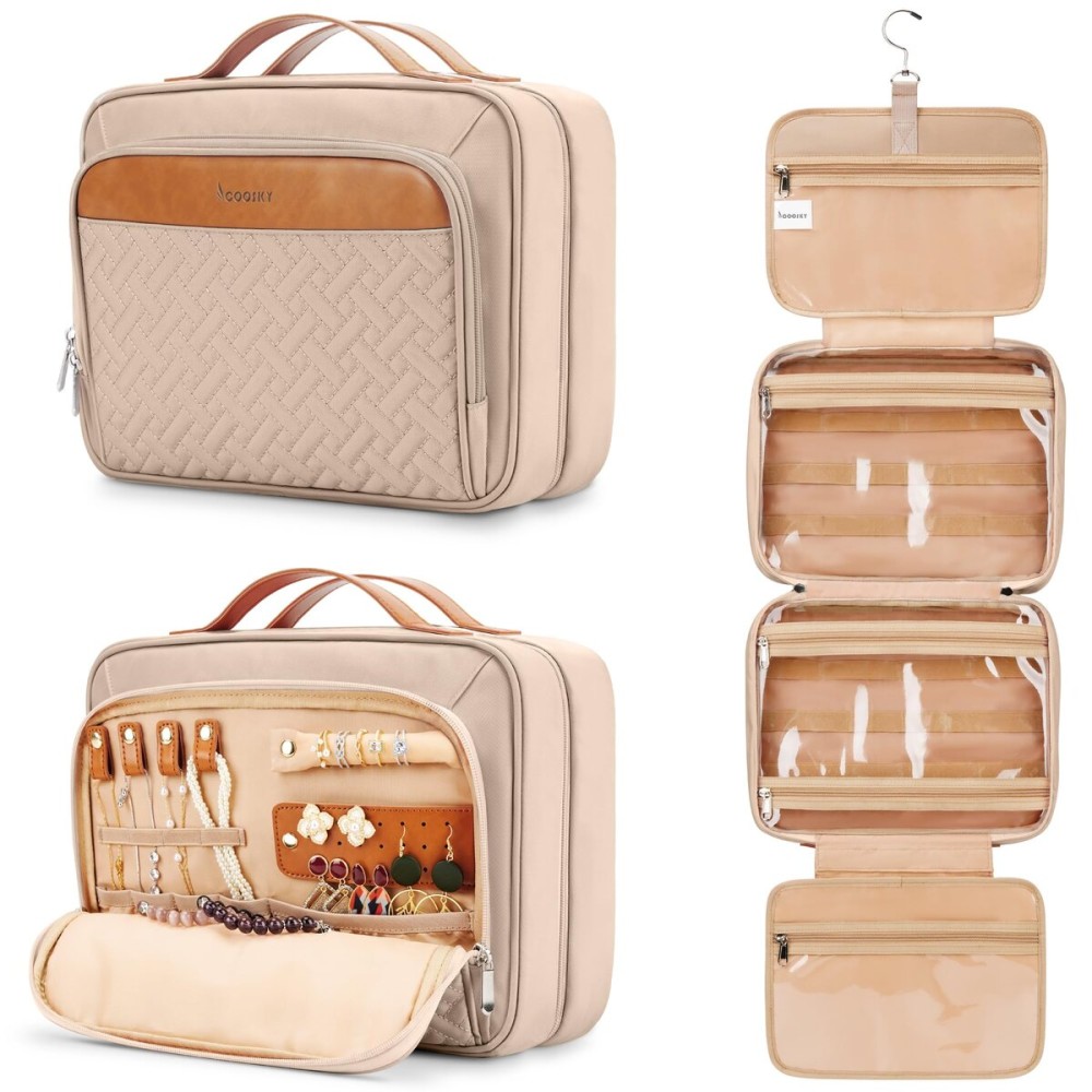COOSKY Travel Hanging Toiletry Bag for Women, Cruise Ship Essentials, with Jewelry Organizer, Extra Large Makeup Dopp Kit, Waterproof Cosmetic Bags, Toiletries Kit Set with Trolley Belt, Khaki