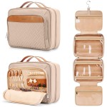 COOSKY Travel Hanging Toiletry Bag for Women, Cruise Ship Essentials, with Jewelry Organizer, Extra Large Makeup Dopp Kit, Waterproof Cosmetic Bags, Toiletries Kit Set with Trolley Belt, Khaki