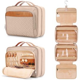 COOSKY Travel Hanging Toiletry Bag for Women, Cruise Ship Essentials, with Jewelry Organizer, Extra Large Makeup Dopp Kit, Waterproof Cosmetic Bags, Toiletries Kit Set with Trolley Belt, Khaki