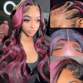 KEKEYY 22Inch Ombre Lace Front Wig Human Hair 200% Density Body Wave Skunk Stripe Human Hair Wigs Pre Plucked 13x4 Pink and Black Human Hair Wig With Baby Hair