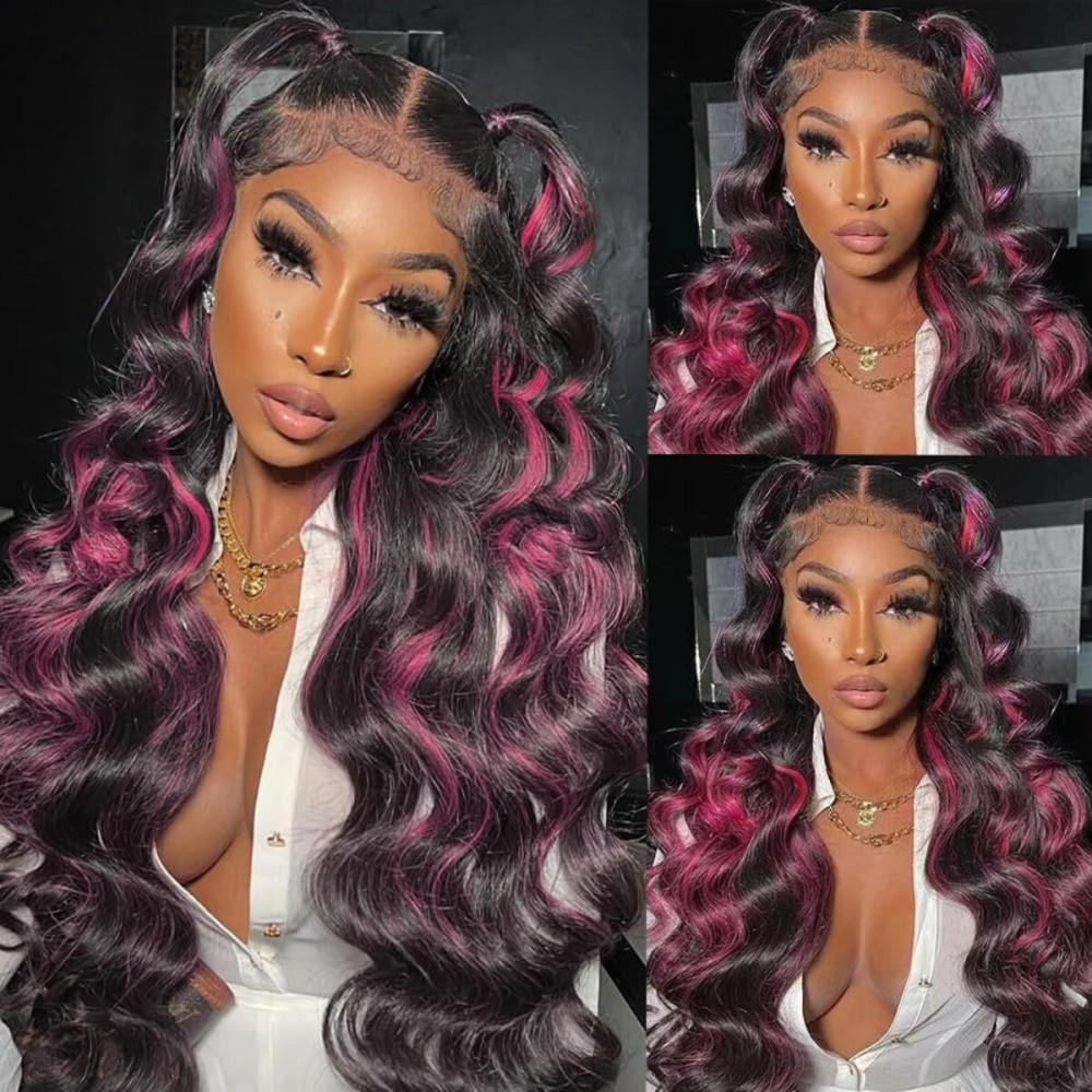KEKEYY 26Inch Ombre Lace Front Wig Human Hair 200% Density Body Wave Skunk Stripe Human Hair Wigs Pre Plucked 13x4 Pink and Black Human Hair Wig With Baby Hair
