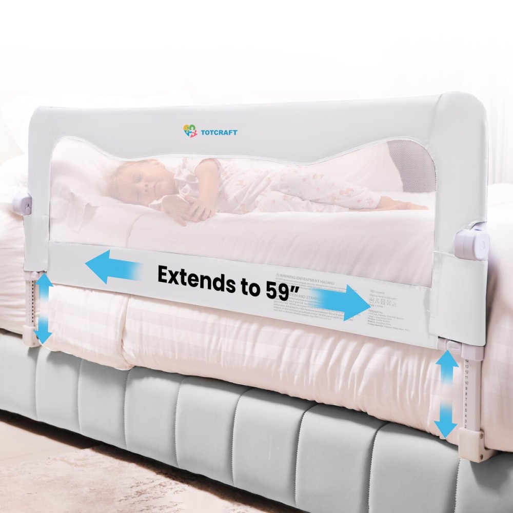 TotCraft FlexGuard Adjustable Length & Height Bed Rail for Toddlers - Fits Twin, Full, Queen & King Beds - 35.5 or 59 Two Fixed Lengths - 14 Height Levels - ASTM Certified Kids Safety Guard (White)