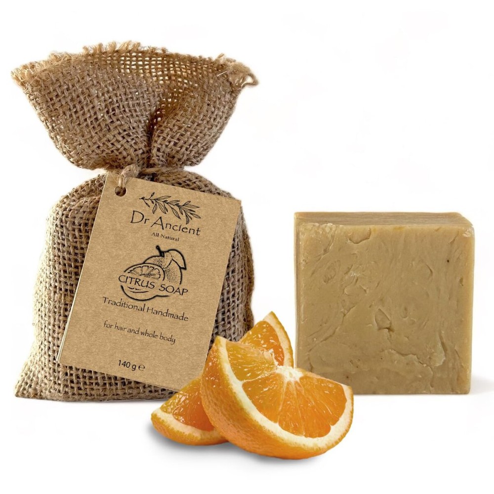 Dr.Ancient Citrus Soap Bar, Organic Soap Bars Handcrafted the Traditional Way, Natural Chemical-Free, Vegan, Used for Face Wash, Body Wash, and Hand Cleansing, Refreshing, Exfoliating