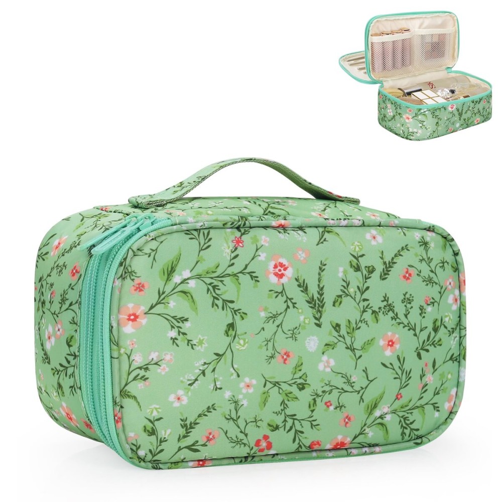 Relavel Small Makeup Bag, Travel Floral Cosmetic Bag with Makeup Brush Compartment, Portable Makeup Pouch for Women, Double Layer Makeup Organizer Bag Cute Toiletry Bag, Green Floral
