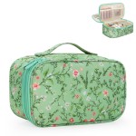 Relavel Small Makeup Bag, Travel Floral Cosmetic Bag with Makeup Brush Compartment, Portable Makeup Pouch for Women, Double Layer Makeup Organizer Bag Cute Toiletry Bag, Green Floral
