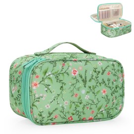 Relavel Small Makeup Bag, Travel Floral Cosmetic Bag with Makeup Brush Compartment, Portable Makeup Pouch for Women, Double Layer Makeup Organizer Bag Cute Toiletry Bag, Green Floral