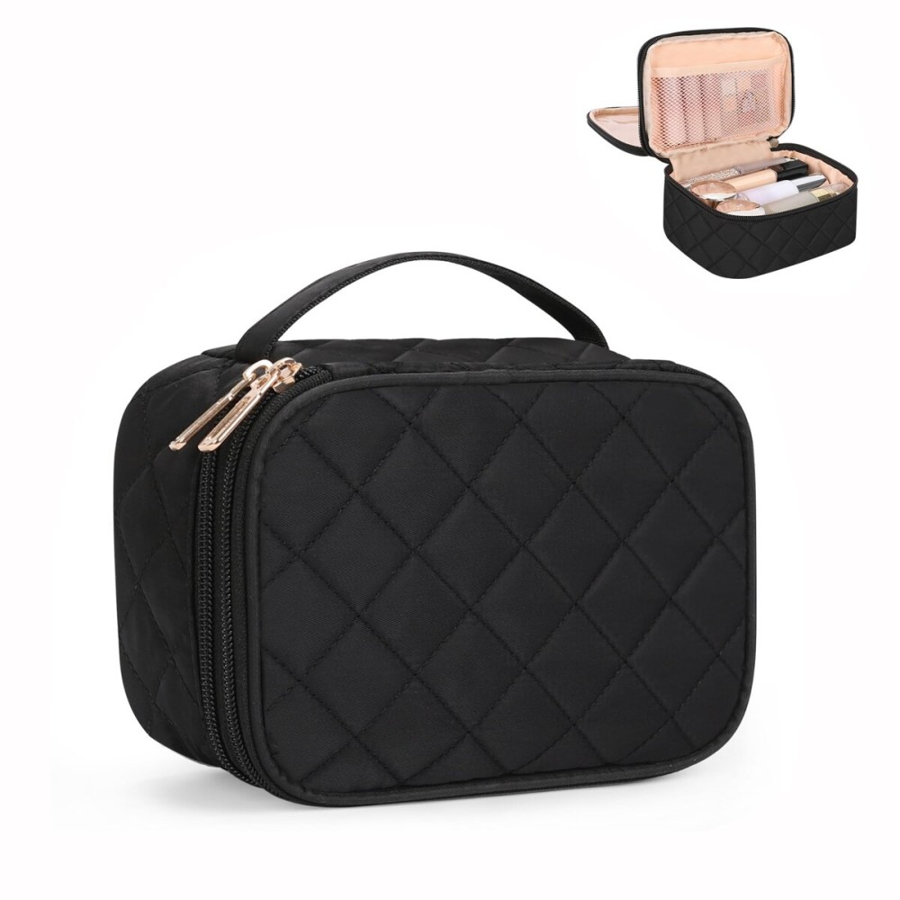 Relavel Small Makeup Bag, Travel Cosmetic Bag with Makeup Brush Compartment, Cute Make Up Pouch for Women, Double Layer Toiletry Organizer for Short Trip, Office - Black