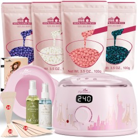 Lifestance Waxing Kit for Women & Men - L3 Blush Metropolis Digital Warmer, Silicone Wax Pot Liner, Hair Removal with 14.1oz Hard Wax Beads & Oil Spray, Professional for Home Brazilian Bikini Face Leg
