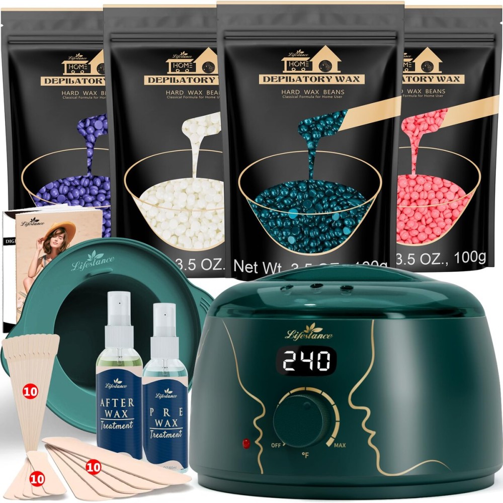 Lifestance Waxing Kit for Women & Men - L3 Emerald Alloy Digital Warmer, Silicone Wax Pot Liner, Hair Removal Kit with 14.1oz Hard Wax Beads & Oil Spray Professional for Home Brazilian Bikini Face Leg