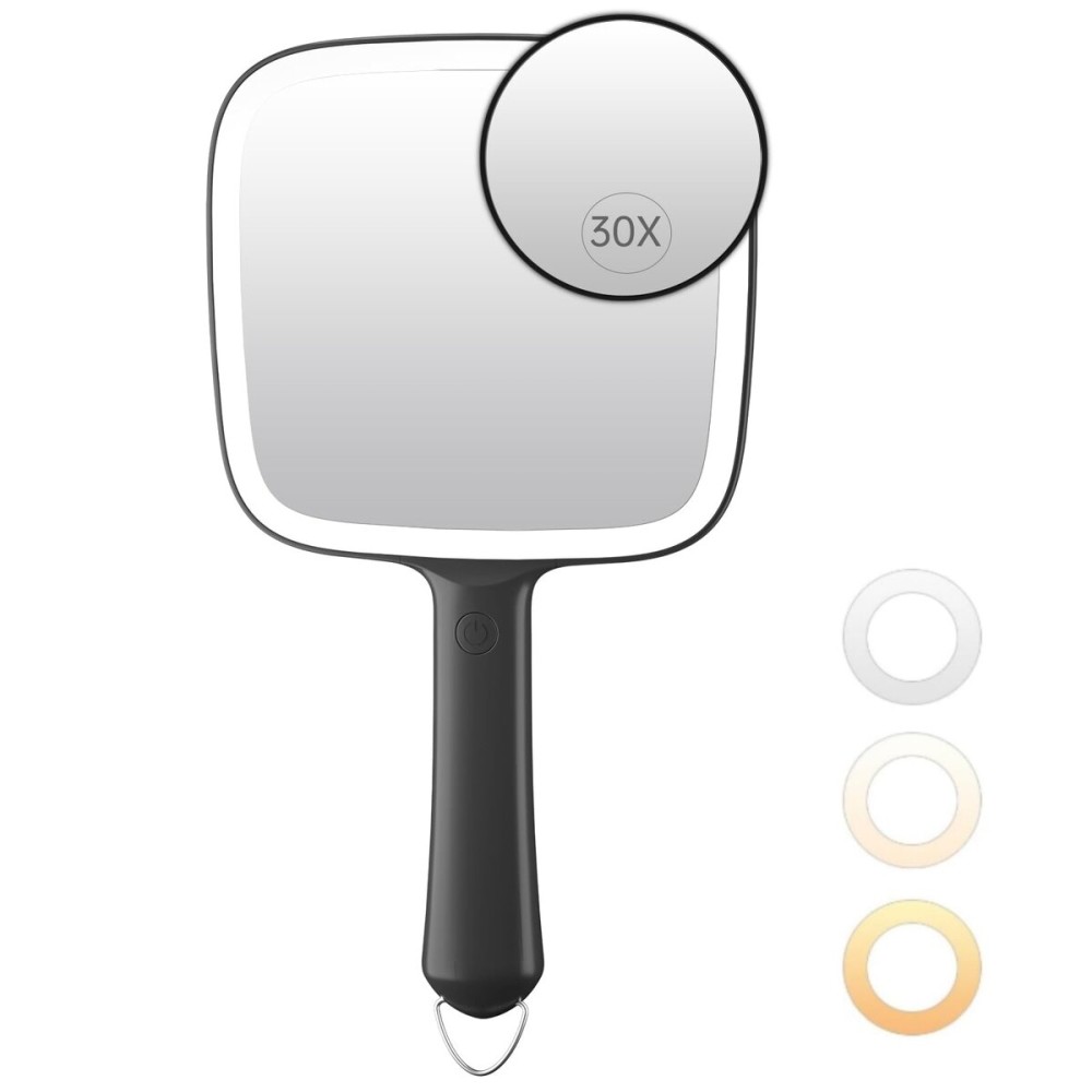 Famihomii Hand Mirror with 30X Magnifying Detachable Mirror, Lighted Handheld Mirror, Lightweight & Durable, Portable & Hangable for Makeup, Hair Styling, Shaving, Battery Operated