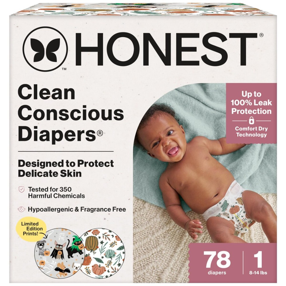 The Honest Company Clean Conscious Diapers for Delicate Skin | Up to 100% Leakproof | Hypoallergenic, Fragrance Free | Fall \'25 Limited Edition Prints | Club Box, Size 1 (8-14 lbs), 78 Count