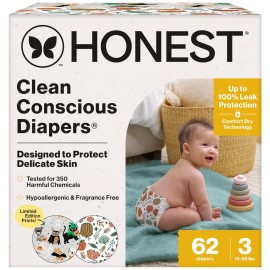 The Honest Company Clean Conscious Diapers for Delicate Skin | Up to 100% Leakproof | Hypoallergenic, Fragrance Free | Fall \'25 Limited Edition Prints | Club Box, Size 3 (16-28 lbs), 62 Count